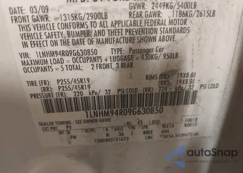 2009 Lincoln Mks z USA, uszkodzony, nr VIN 1LNHM94R09G630850